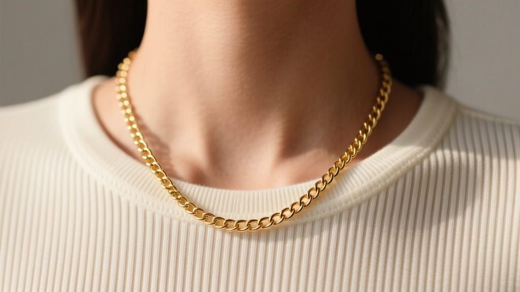 Close-up of a model wearing a 2mm 14k gold box chain resting precisely one inch below a ribbed cotton crew neck dress hem