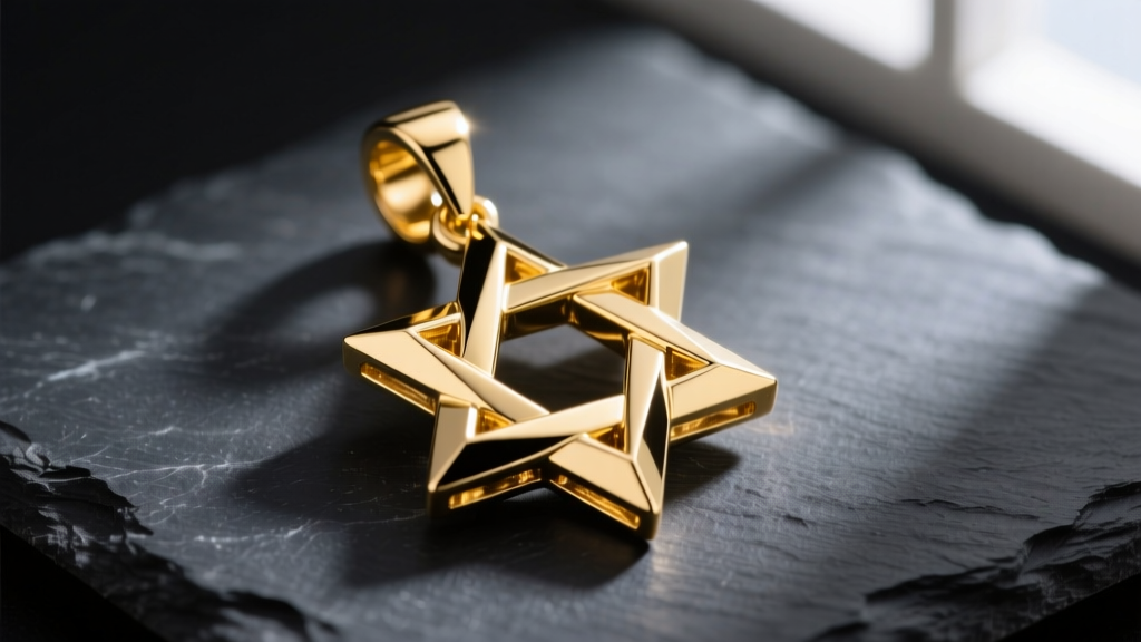 Polished 14k yellow gold Star of David pendant on dark slate, highlighting precise interlocking edges and mirror finish.