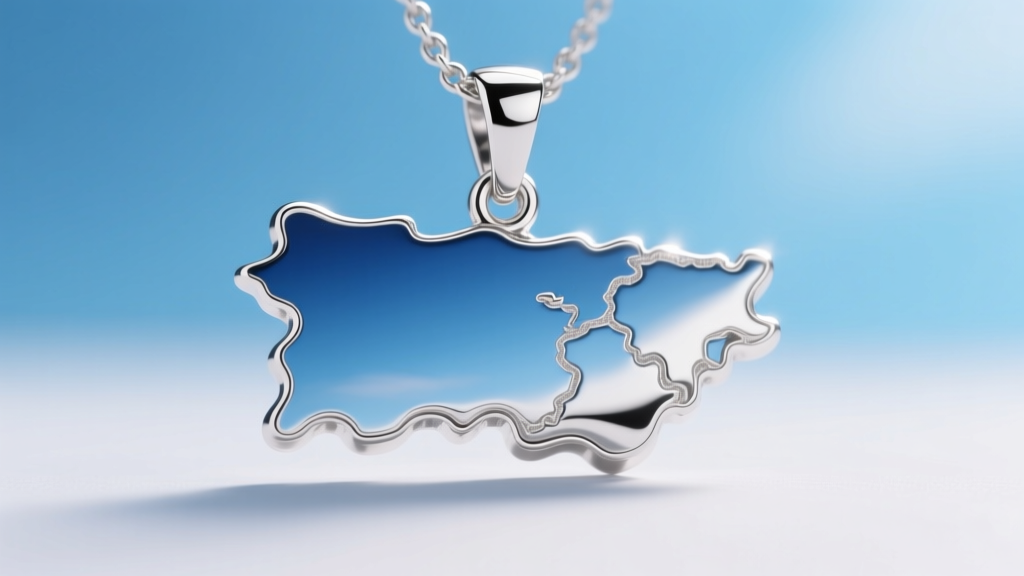 Macro shot of a rhodium-plated 925 sterling silver Puerto Rican map pendant showing high-polish reflections against a soft blue sky