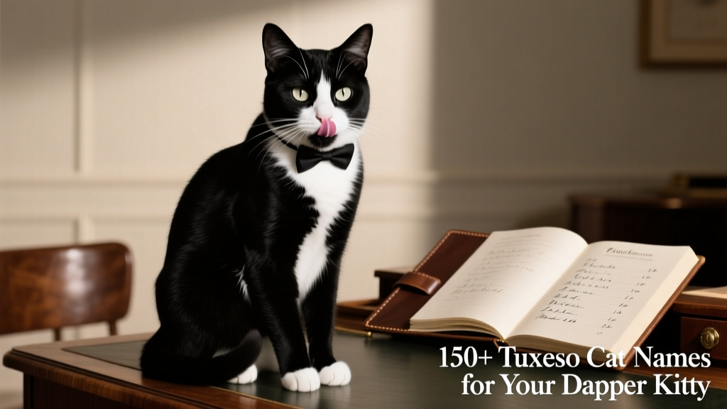 A black-and-white tuxedo cat sitting upright and licking its lips, looking poised and expressive