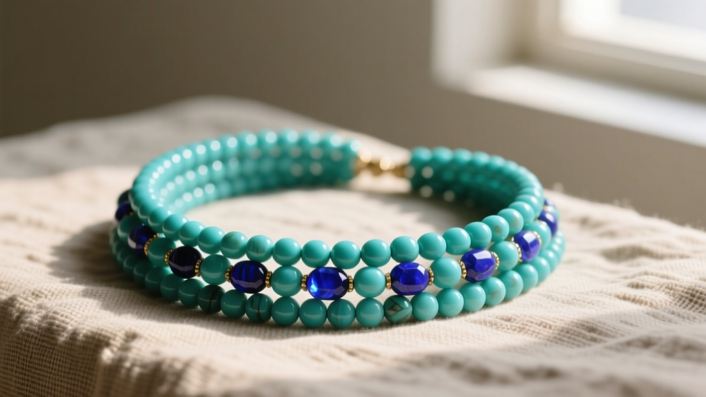 Turquoise and lapis lazuli beaded wrap necklace coiled elegantly on raw linen fabric, illuminated by soft, warm natural light.