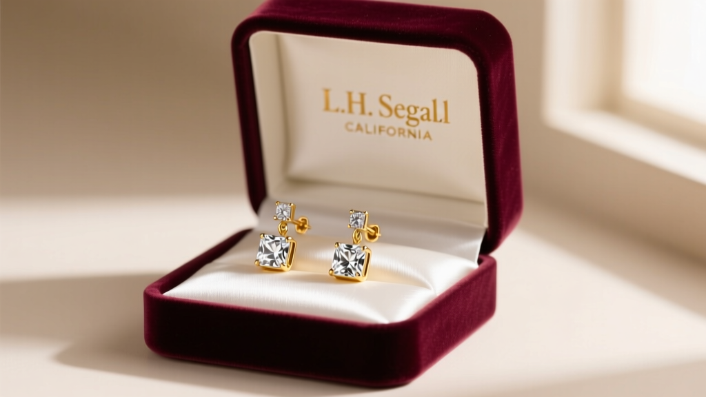 Open velvet gift box revealing gold-tone L.H. Segal California cubic zirconia drop earrings resting on white satin fabric