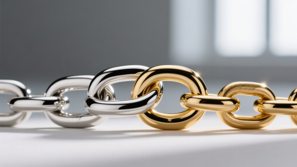 Macro shot of a silver chain link touching a 14k gold link, highlighting surface textures and bright, polished metallic luster.