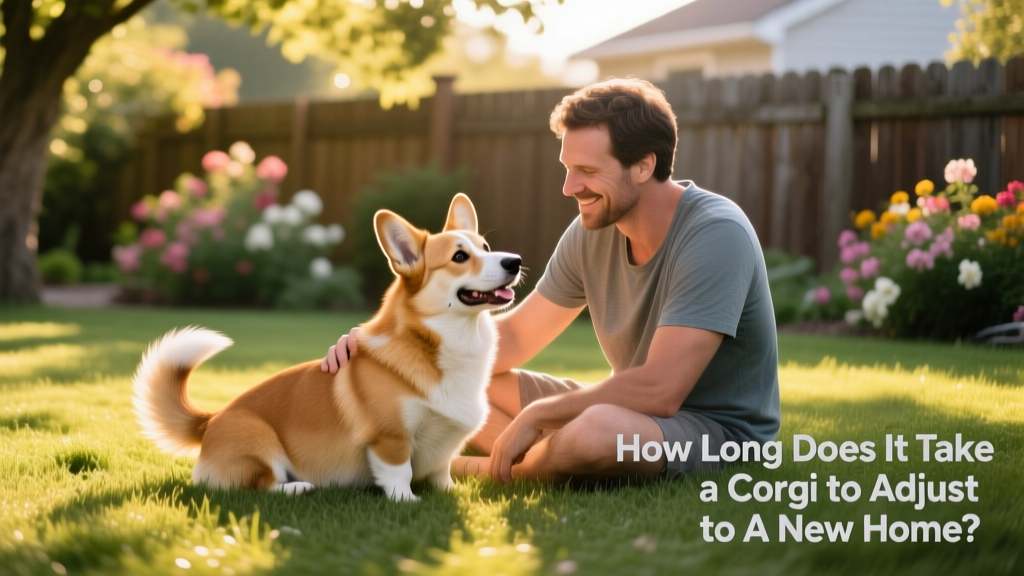 A Corgi sitting calmly beside a person on a grassy backyard lawn, tail gently wagging