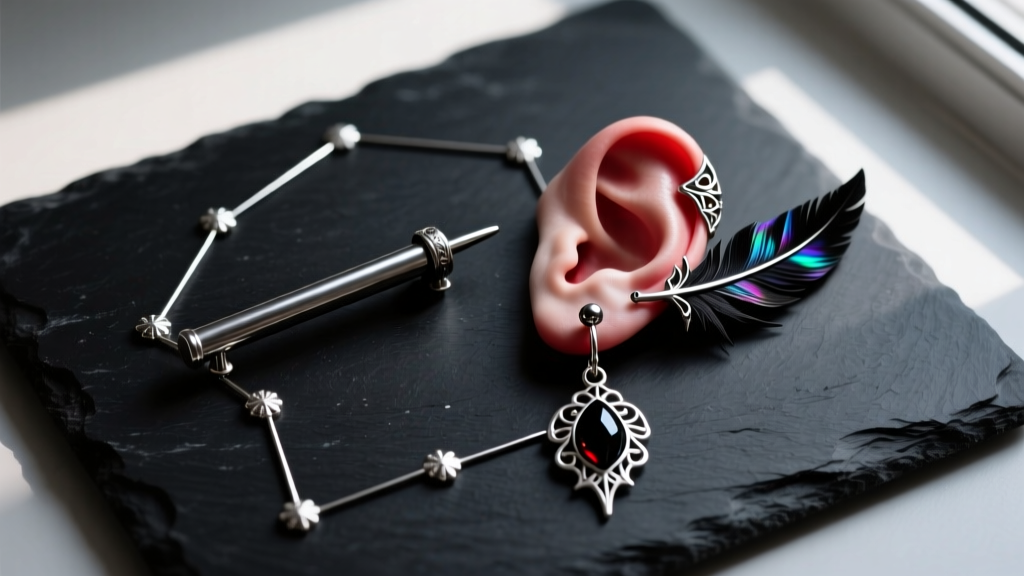 Dark fantasy ear constellation flat lay with an industrial bar, tragus stud, and Shinigami lobe dangle on a black slate board.