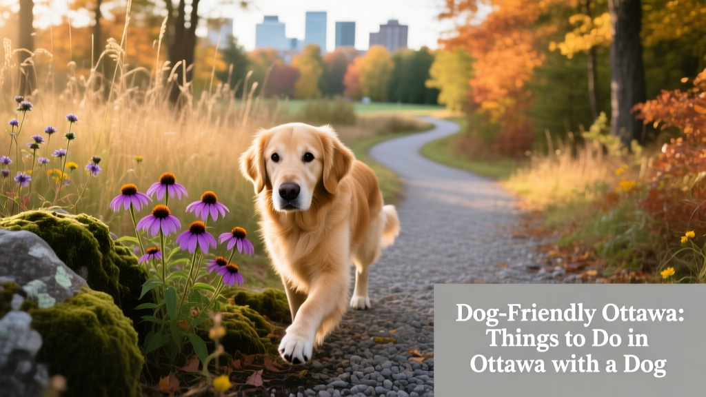 A curious dog exploring native plants and winding trails at Fletcher Wildlife Garden in Ottawa