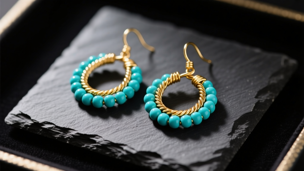 Macro shot of handmade turquoise beaded drop earrings with 24-gauge gold wire loops resting on a dark slate jewelry display mat.