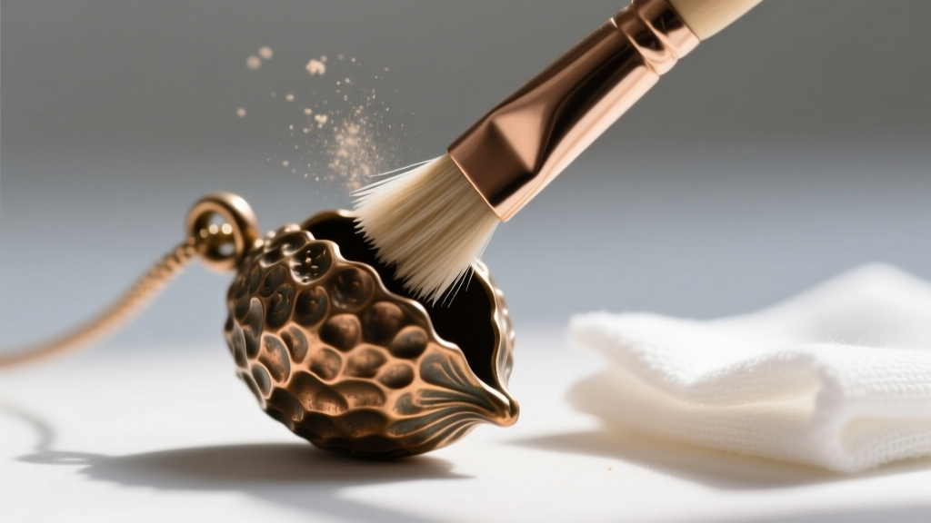 Soft-bristled jewelry brush cleaning the deep crevices of a textured bronze seed pod pendant, with a polishing cloth nearby