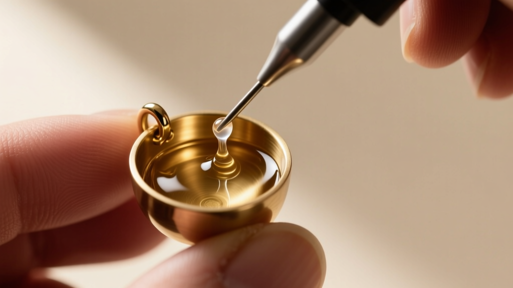 Macro shot of a jeweler applying clear epoxy to a brass earring cup using a fine-tipped precision applicator tool.