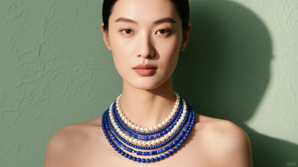 Model wearing layered lapis and pearl beaded necklace designs against a sage backdrop, lit by warm studio lighting.