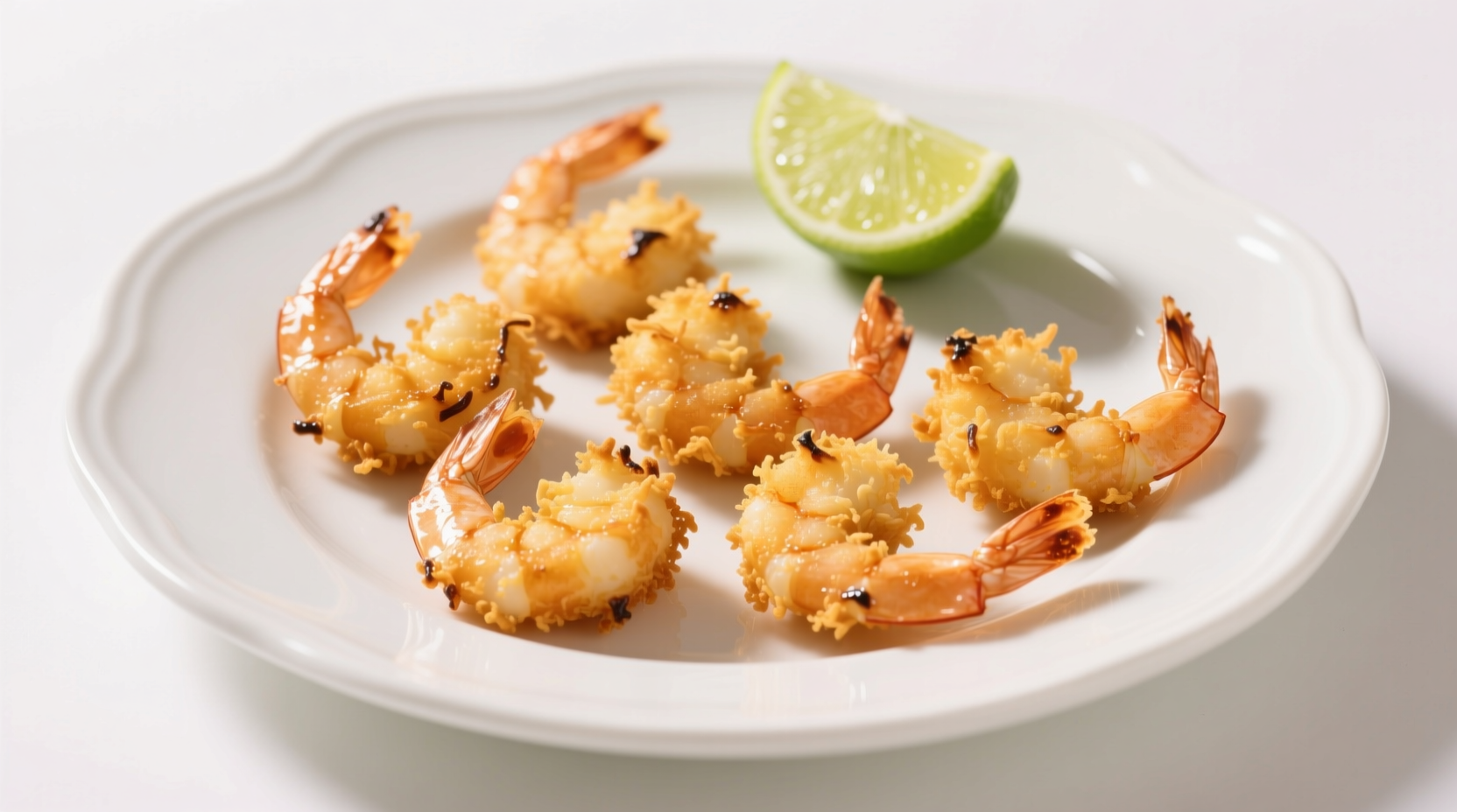 Golden coconut shrimp on white plate with lime wedge