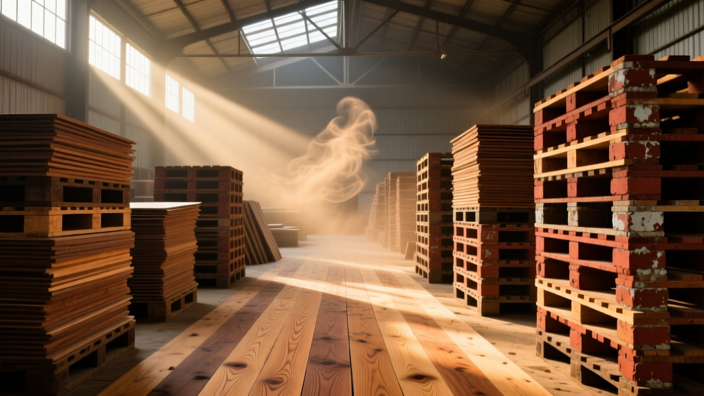 Stacks of reclaimed heart pine flooring and vintage brick pallets inside a dusty, sunlit architectural salvage warehouse in North Carolina