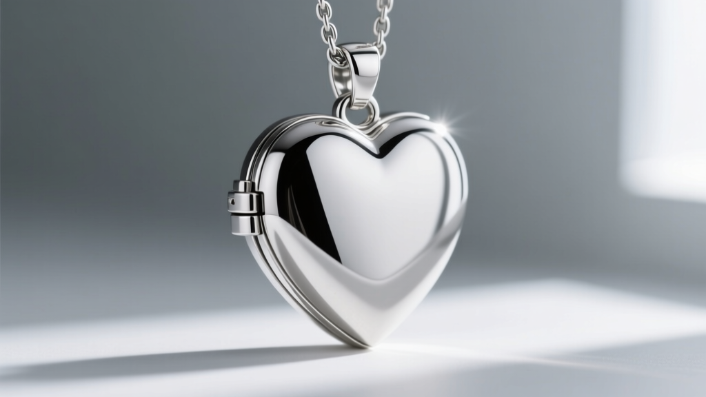 Side profile of a rhodium-plated sterling silver heart locket with inserted key, highlighting the hinge mechanism and clasp.