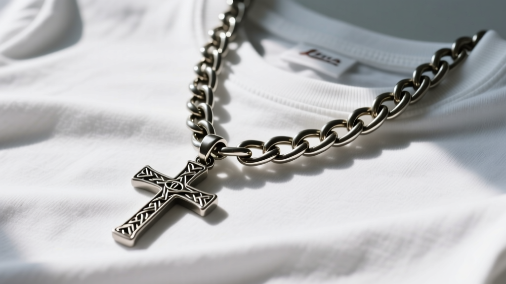 Thick steel Cuban link chain with heavy cross pendant draped over white t-shirt to demonstrate scale and drape in natural lighting
