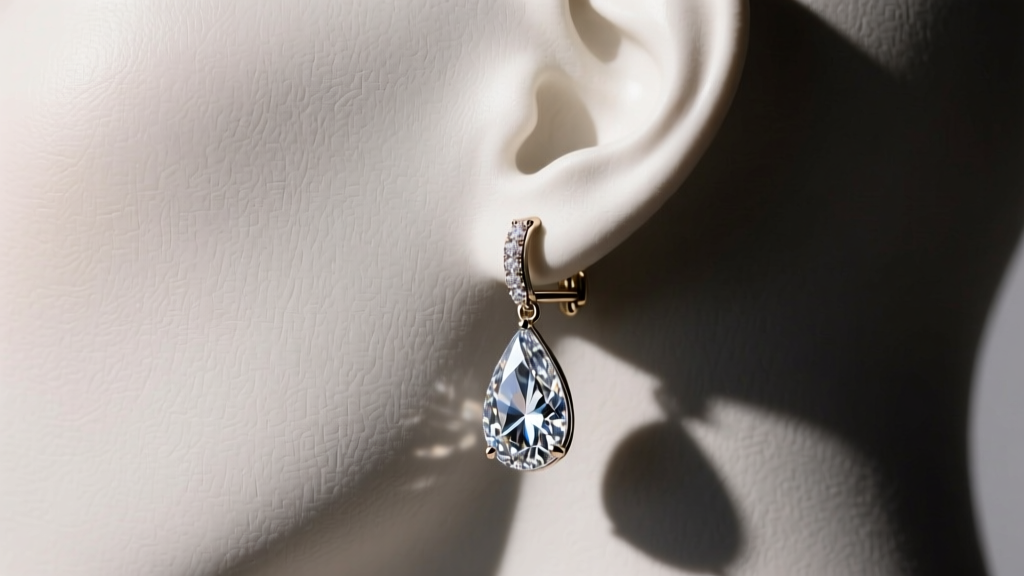 Side profile view of a heavy teardrop diamond drop earring secured with a La Pousette locking mechanism on a mannequin earlobe.