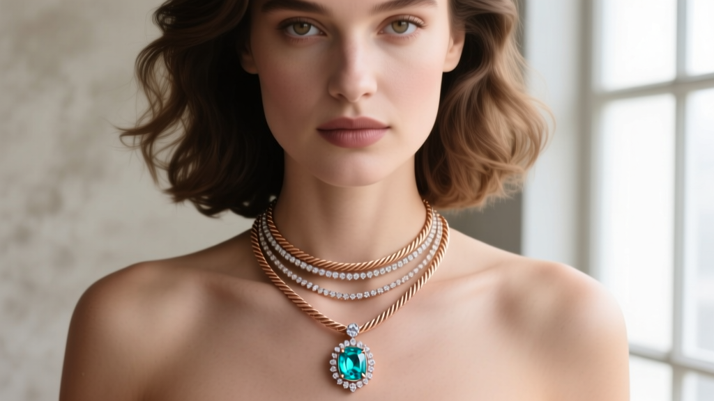 A woman wearing a layered necklace stack featuring a delicate turquoise and diamond pendant on a 16-inch 14k rose gold cable chain