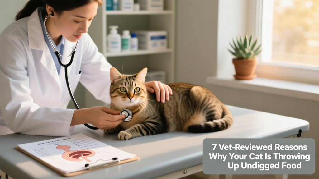 Veterinarian gently examining a calm cat on an exam table, with stethoscope and chart nearby