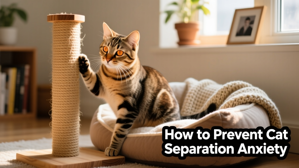 A tabby cat gently scratching a sturdy, upright scratching post beside a cozy cat bed