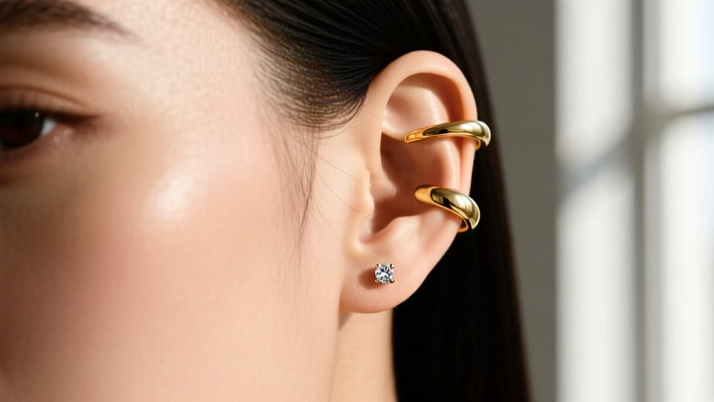 Profile of a model wearing an 18k gold ear cuff and 20-gauge diamond stud, highlighting a curated cartilage and lobe ear layout