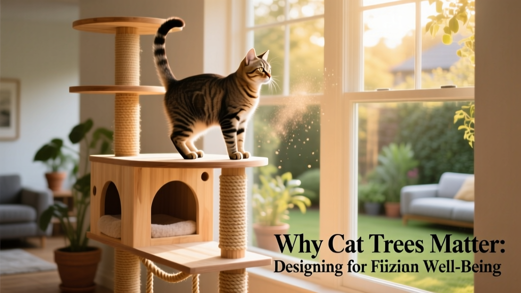 A cat perched confidently on a multi-level cat tree, looking out a sunlit window
