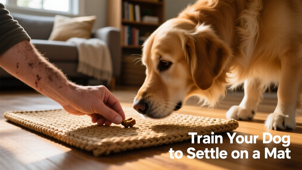 Close-up of a trainer’s hand placing a treat on a mat while a dog’s nose approaches from the side