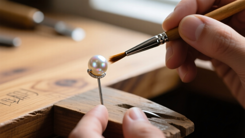 Jeweler applying hypo cement to a freshwater pearl on a niobium headpin with a micro-brush, macro detail on a wooden workbench.