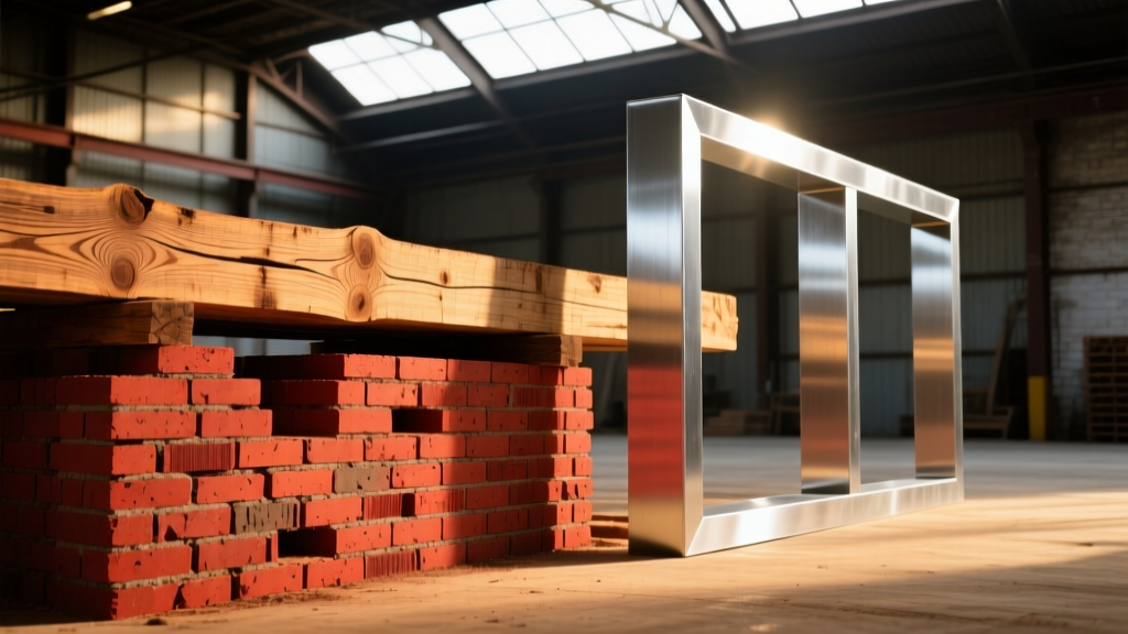 Stacks of reclaimed timber beams and salvaged red bricks organized in a warehouse next to modern galvanized steel framing for comparison