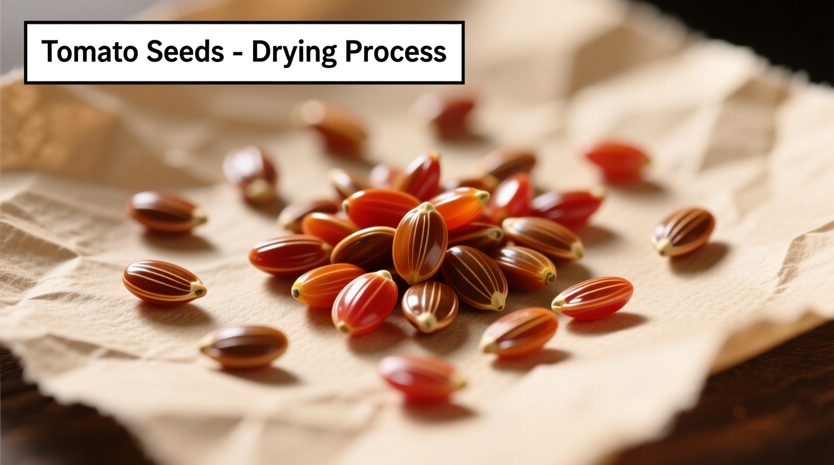 Tomato seeds spread on paper for drying