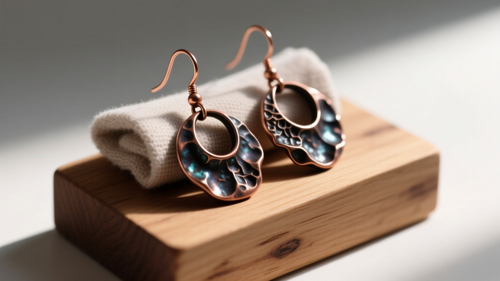 Handcrafted copper diy earrings with dark liver of sulfur patina being polished with a microfiber cloth on a wooden block.