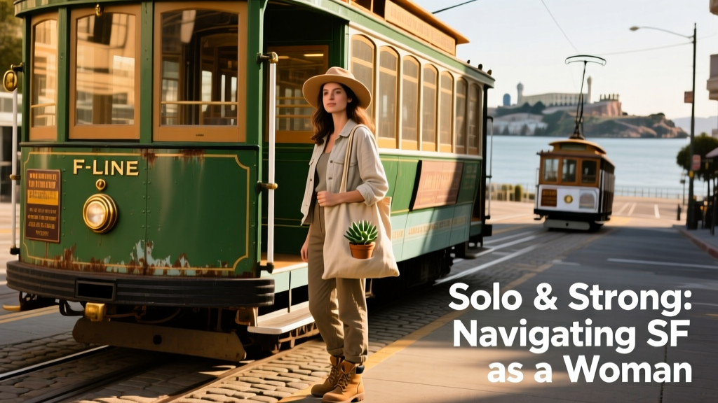 A solo female traveler standing beside a historic green F-line trolley on a sunny San Francisco street
