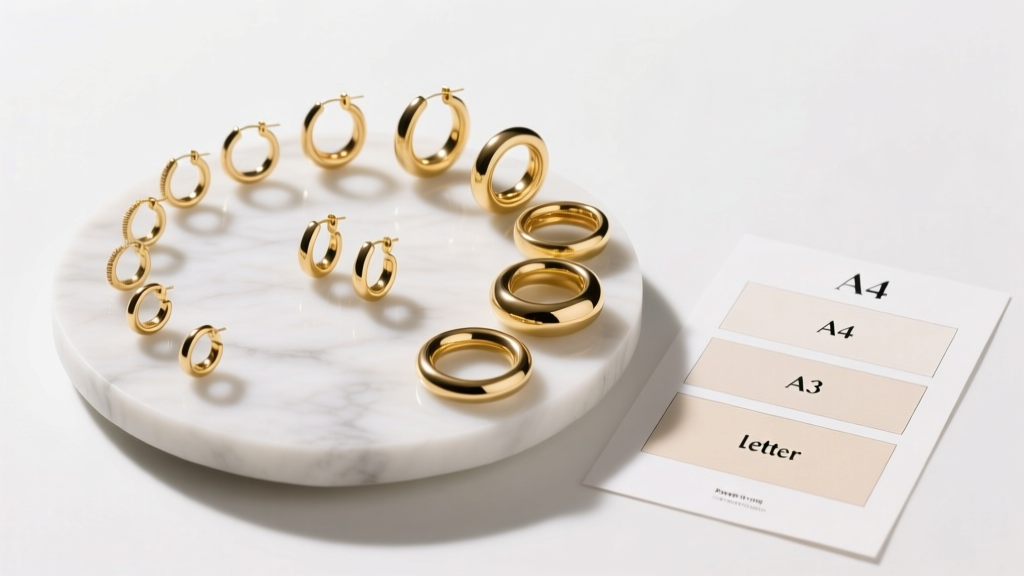 Gold hoops from 10mm huggies to 30mm sizes in a semi-circle on white marble, resting next to a minimalist paper size chart.