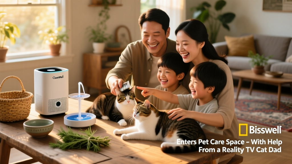 A happy family enjoying time with their cats beside a neatly arranged setup featuring the CleanWell and HydrateWell units