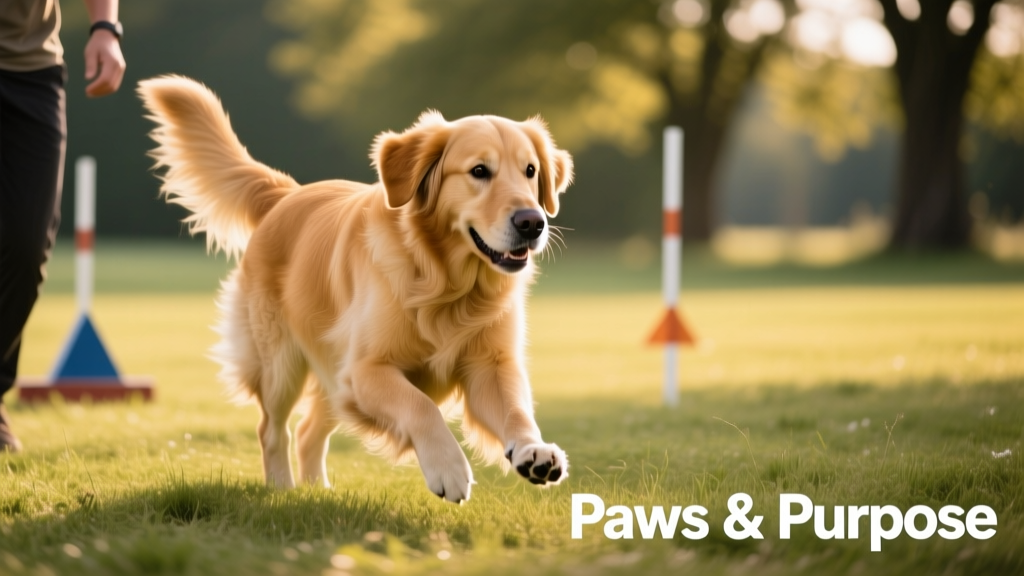 A golden retriever confidently navigating a scent work course with focus and enthusiasm
