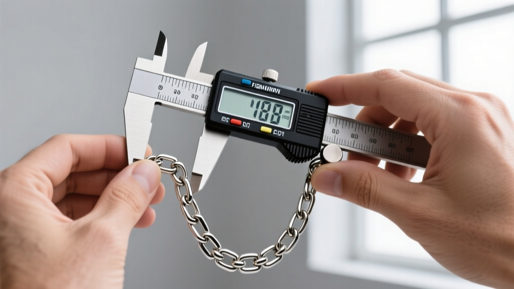 Hands holding a digital caliper measuring the thickness of a stainless steel figaro chain link to determine its weight and drape
