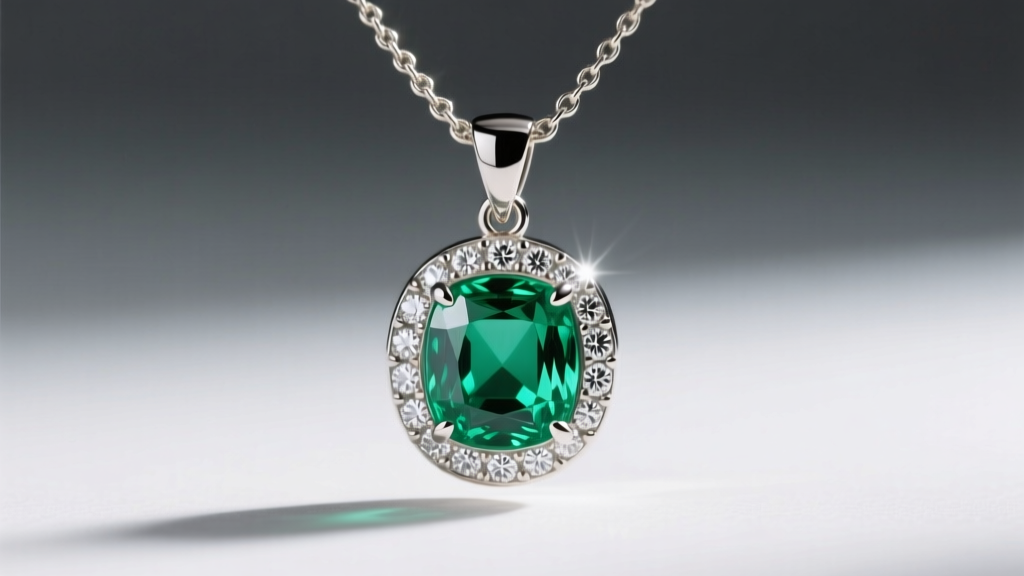 Macro close-up of a bezel-set lab-grown emerald and diamond pendant on a delicate 1.2mm rolo chain, highlighting the metal prongs