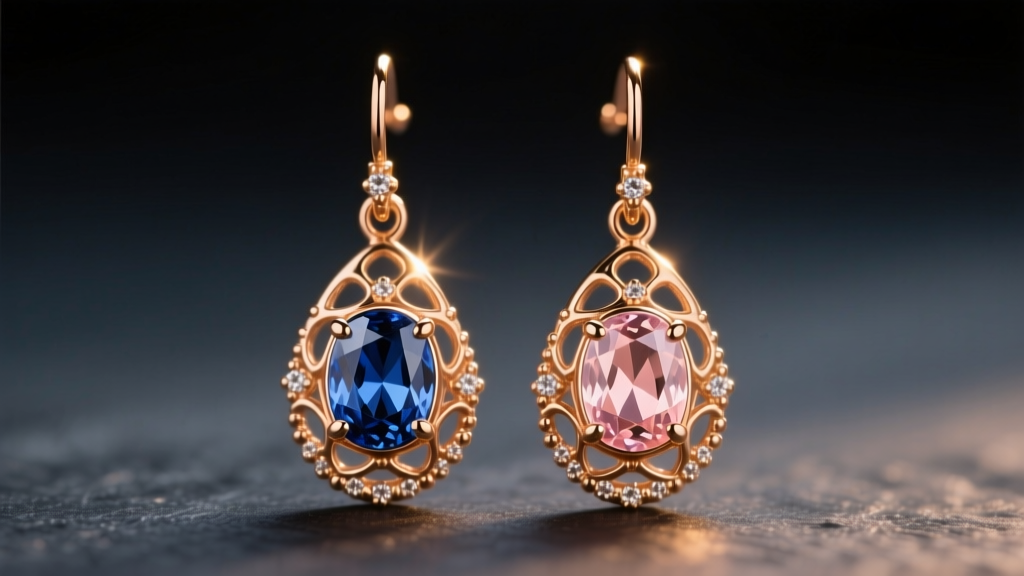 Macro shot of 14k dusk-rose gold drop earrings with parti-sapphires, lit by warm 3000K lighting against a dark slate background.