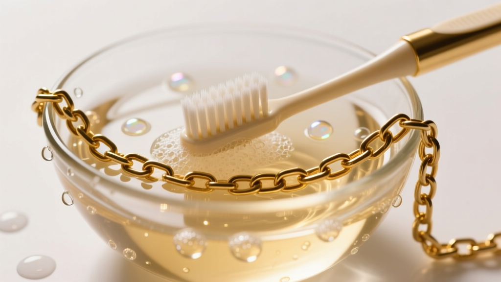 Soft toothbrush cleaning a gold curb chain in soapy water inside a glass bowl, illuminated by bright, warm studio lighting setup