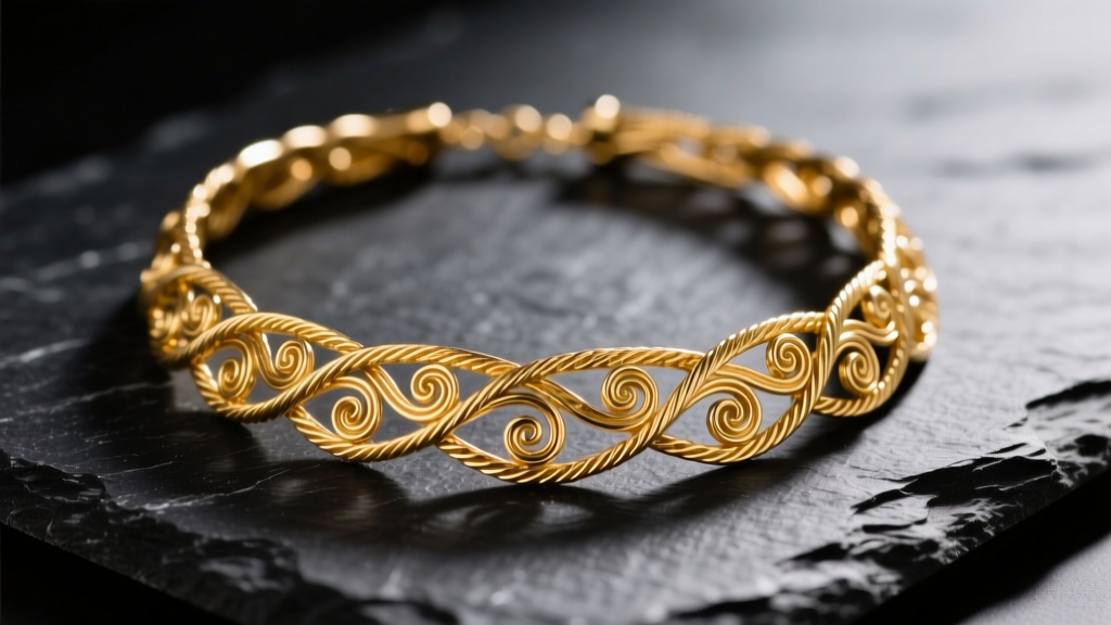 Close-up of 18k yellow gold Mompox filigree collar necklace on dark slate, highlighting intricate twisted wire details and curls.