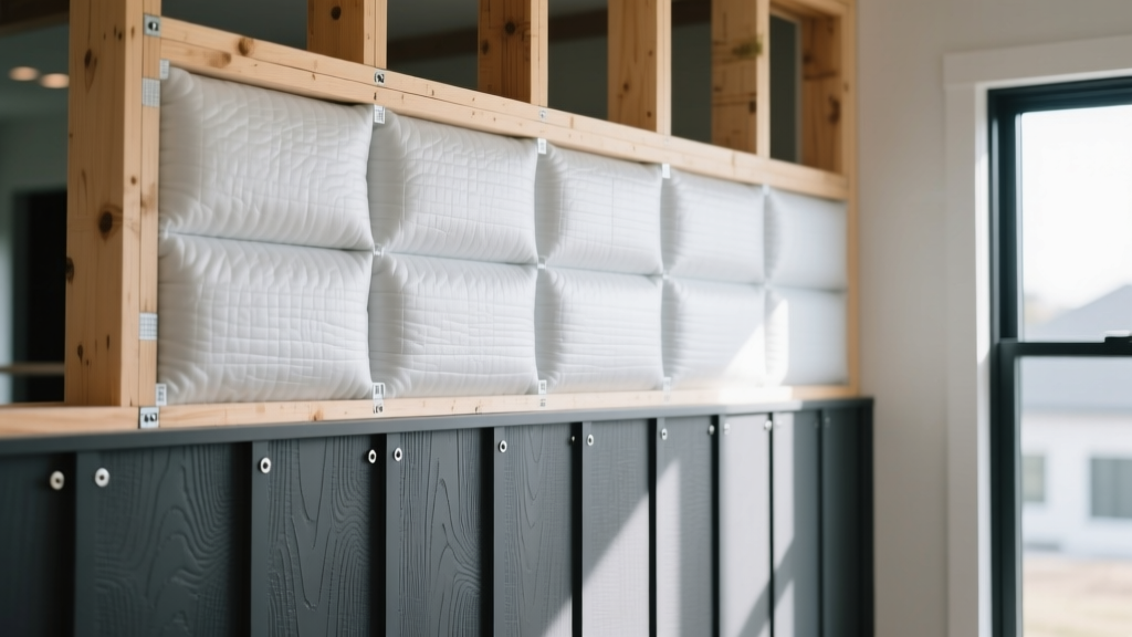 Wall cross-section on modern home showing rigid insulation and dark fiber cement building siding materials installed over wood framing.