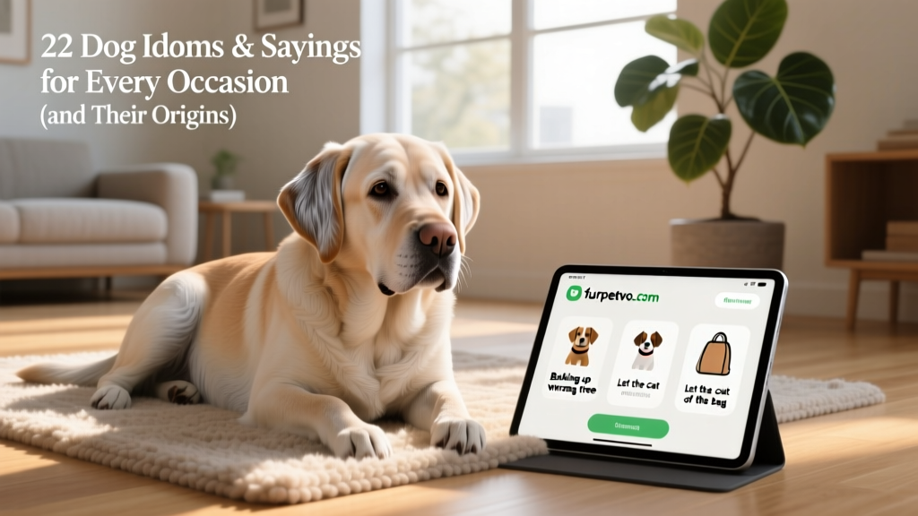 An older, gentle-looking Labrador resting calmly on a sunlit rug beside a modern tablet displaying a pet training app from furpetvo.com