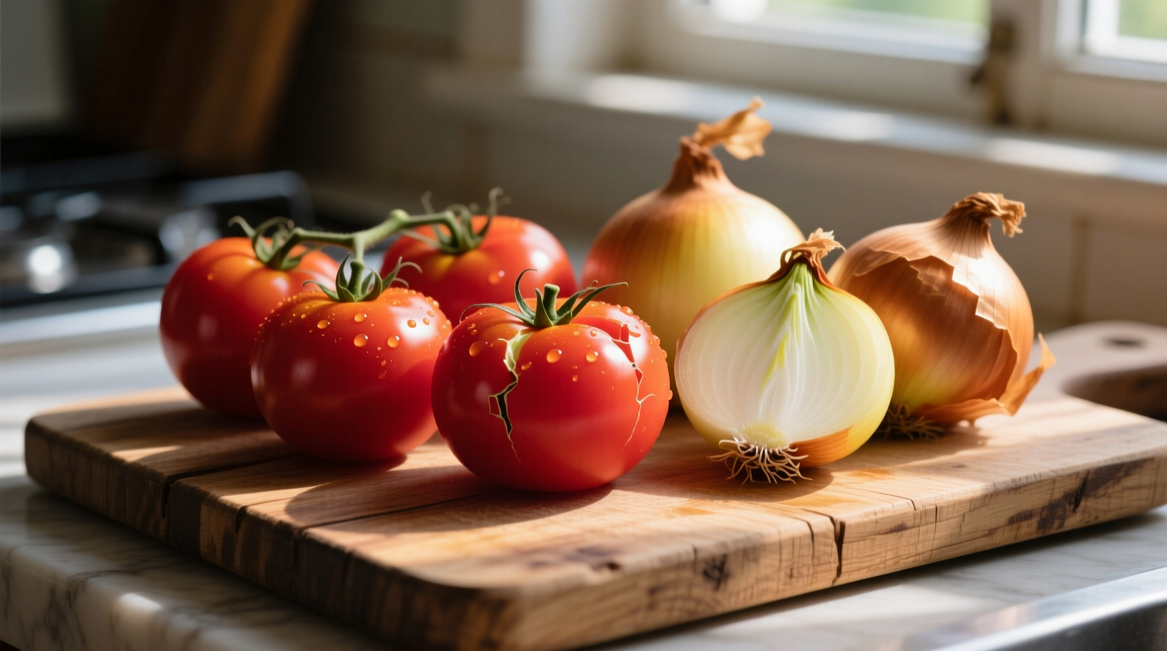 Fresh tomato onions next to ripe tomatoes on wooden cutting board