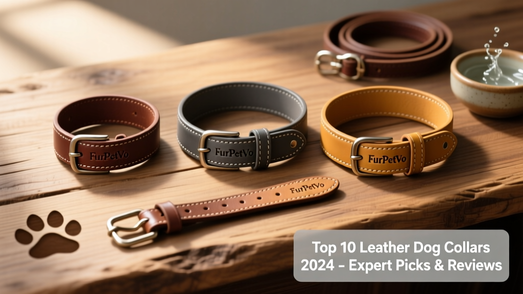 Side-by-side comparison of three FurPetVo leather collars in different widths and colors on a wooden surface