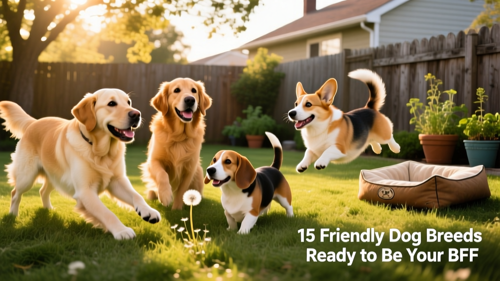 A diverse group of friendly dogs—Labrador, Golden Retriever, Beagle, and Corgi—playing together in a sunlit backyard