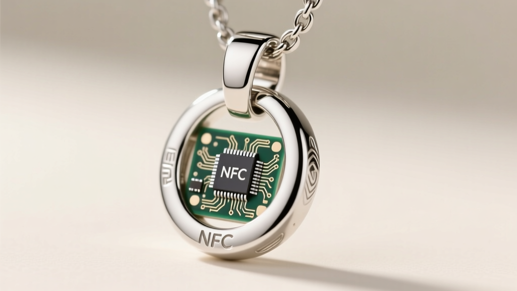 Macro shot of an NFC-embedded sterling silver song necklace clasp showing the microchip integrated into the thick metal jump ring