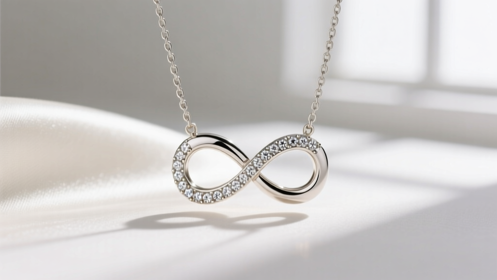 Close-up of a 14k white gold infinity pendant with pave diamonds hanging from a 1.2mm box chain on a soft silk fabric backdrop.