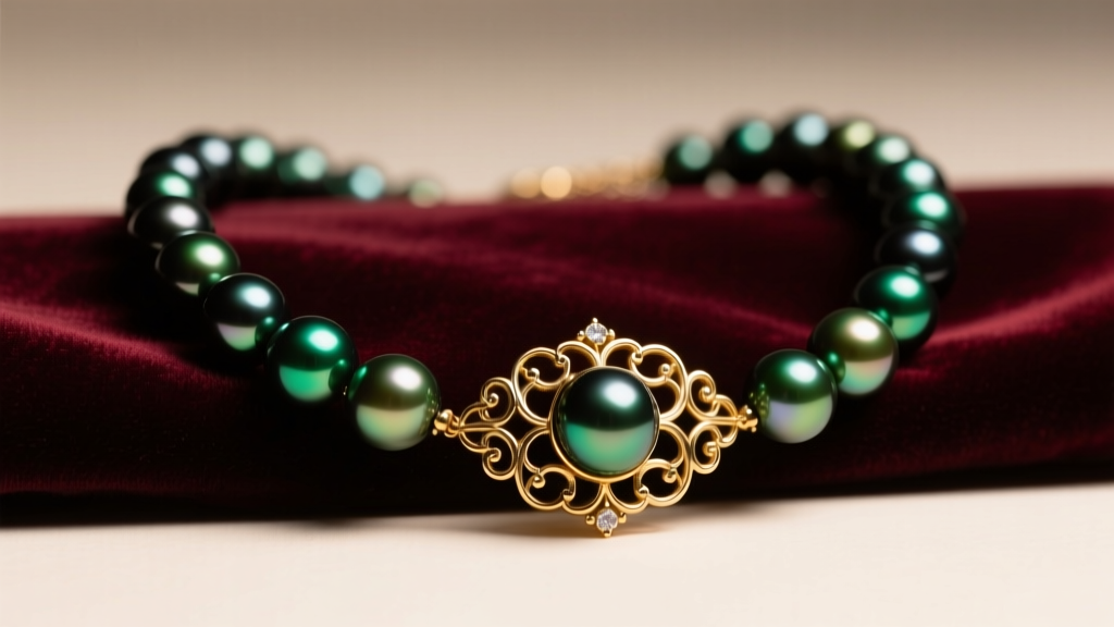 Vintage black pearl necklace on velvet showing peacock-green Tahitian pearls and a gold filigree clasp under soft warm lighting.