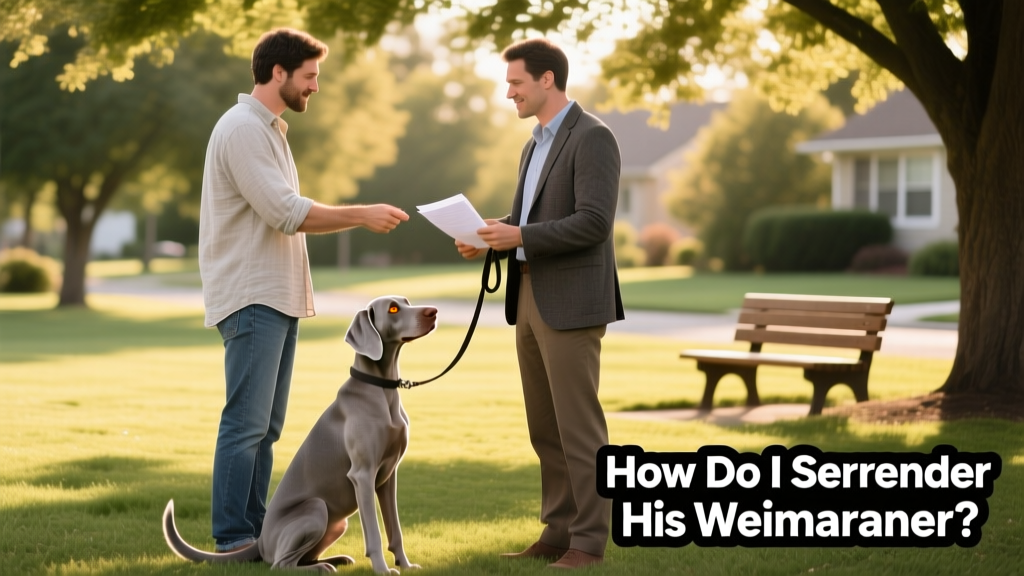 Two people exchanging a leash and paperwork outdoors, with a relaxed Weimaraner sitting calmly between them