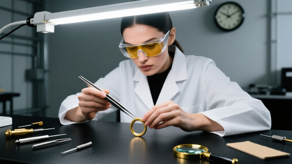 Jeweler wearing tinted safety glasses aligning a tiny gold jump ring with precision tweezers under a bright LED desk lamp.