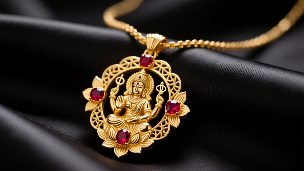 Close-up of a 22k gold Hindu temple necklace with an intricate Lakshmi pendant and ruby cabochons resting on dark silk fabric.