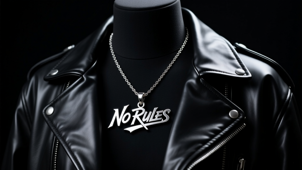 Steel script pendant necklace with a rebellious phrase resting on a black leather jacket under moody, directional studio lighting.